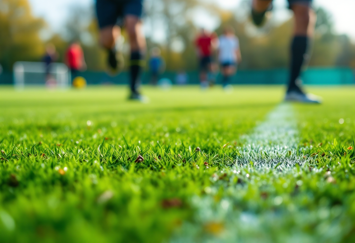 Giocatori in azione durante un derby piacentino di calcio