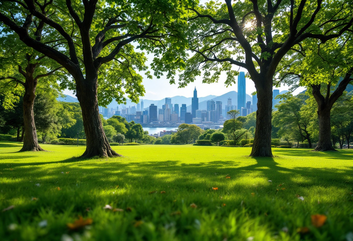 Vista panoramica di Hong Kong con sole e cielo sereno