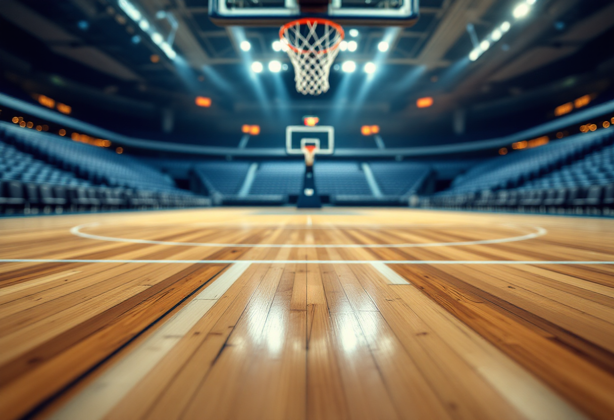 Giocatore di basket che segna una tripla durante una partita