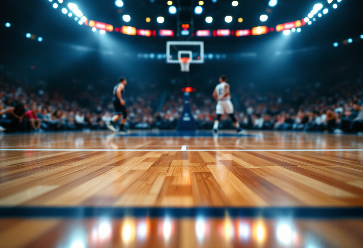 Giocatori di pallacanestro in azione durante una partita cruciale