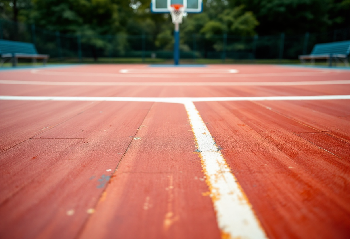 Un bambino in campo da basket durante l'allenamento