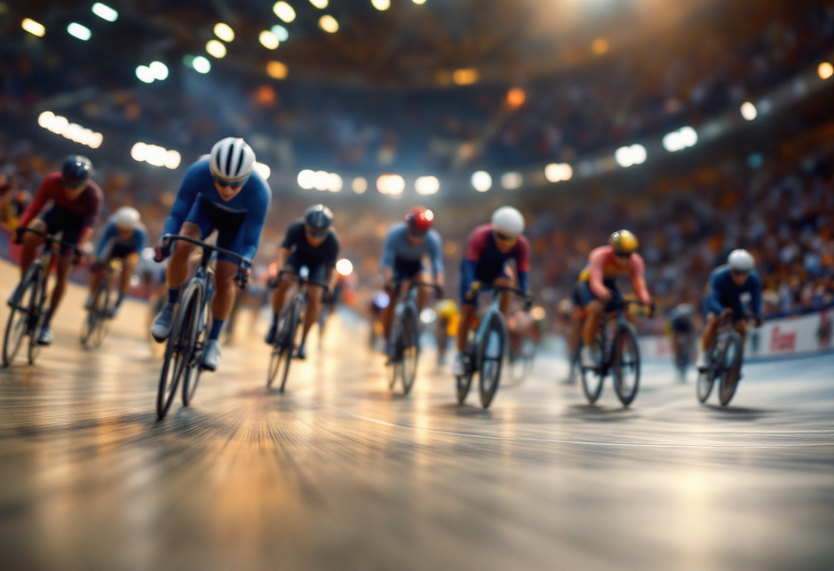 Elia Viviani in azione durante una gara di ciclismo su pista