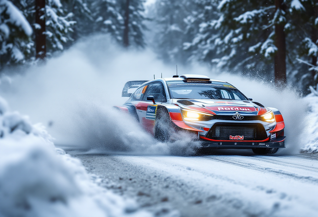 Auto da rally in azione durante la domenica del Rally Svezia 2025